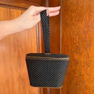 Vintage 40s 1940s Evening Purse Wristlet Handbag in Black Gold Fabric Metal